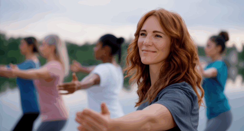 A Group of women 45+ doing joint-friendly Qi Gong in a serene park setting in Camrose, Alberta.